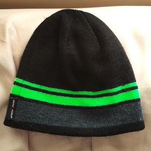 ZeroXposur winter beanie hat, black with grey and green stripes